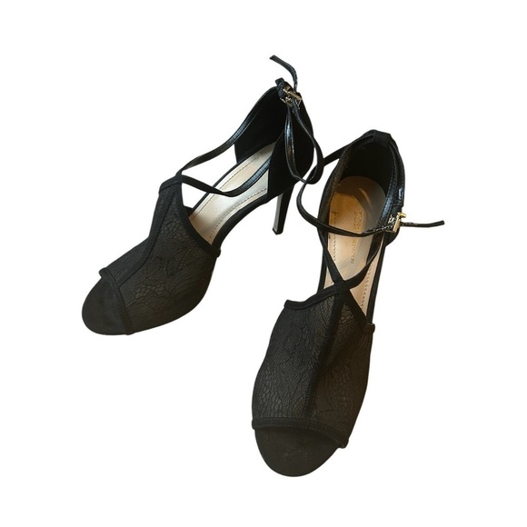 BCBGeneration Black Lacey Stiletto Ankle Strap Heels + Peep Toe, Women Size 7.5 - Picture 2 of 10